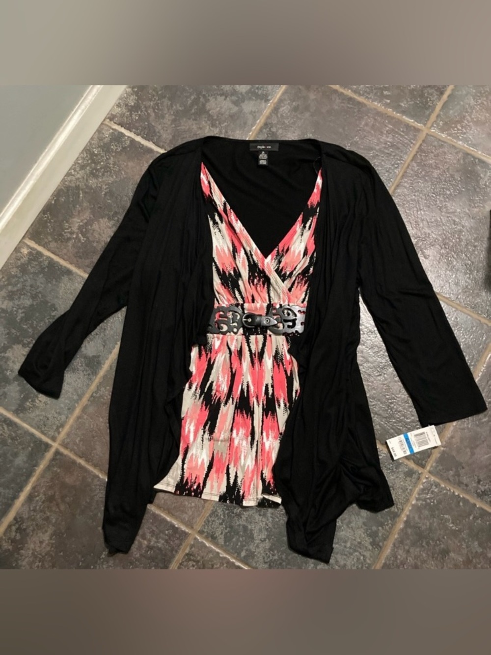 Style & Co Black Womens Black Cardigan with Geometric Print Attached Top Size XL